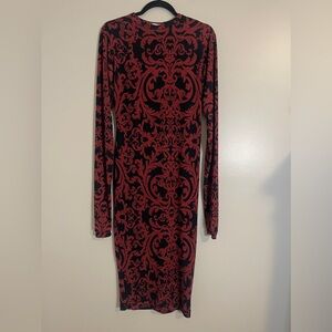 House of Chapple Dress Womens XL Red and Black Midi Bodycon Brocade Print